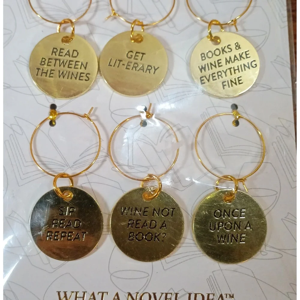 What A Novel Idea Wine Charms Set 6 Book Lovers Literary Puns Gold Tone WC-25DI